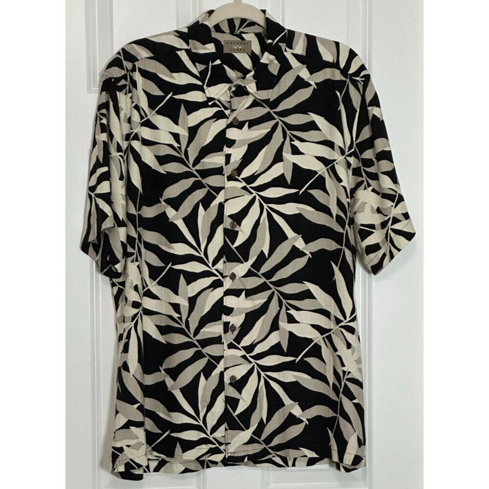 Vintage 90s Natural Issue Button Down Hawaiian Shirt Men's L Black Leaf Print